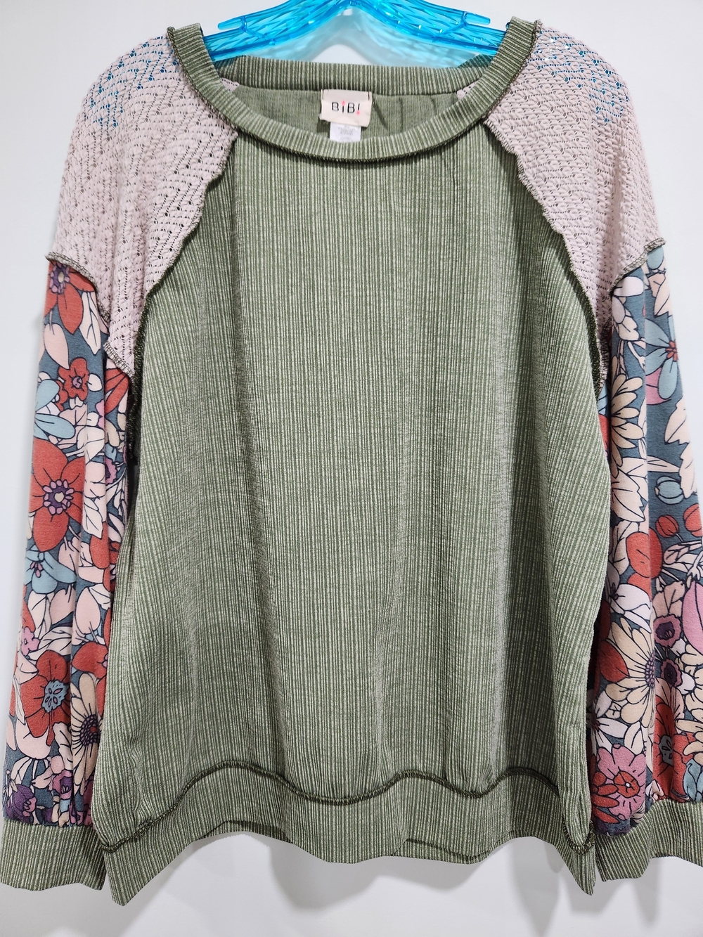 BiBi Olive Ribbed Top with Floral Patchwork Sleeves